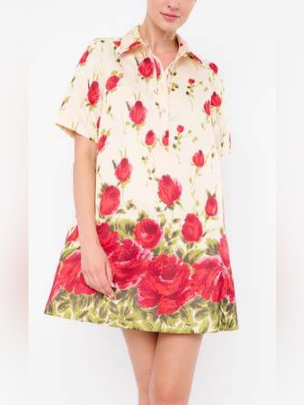 Flora Bea NYC Francine Rose Print Mini Shirt Dress NWT Cotton Poplin M